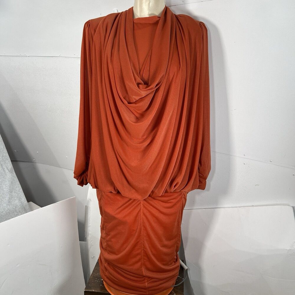 VTG Cowl Neck Dress Womens Sz 9 drop waist draped rust orange squid dress